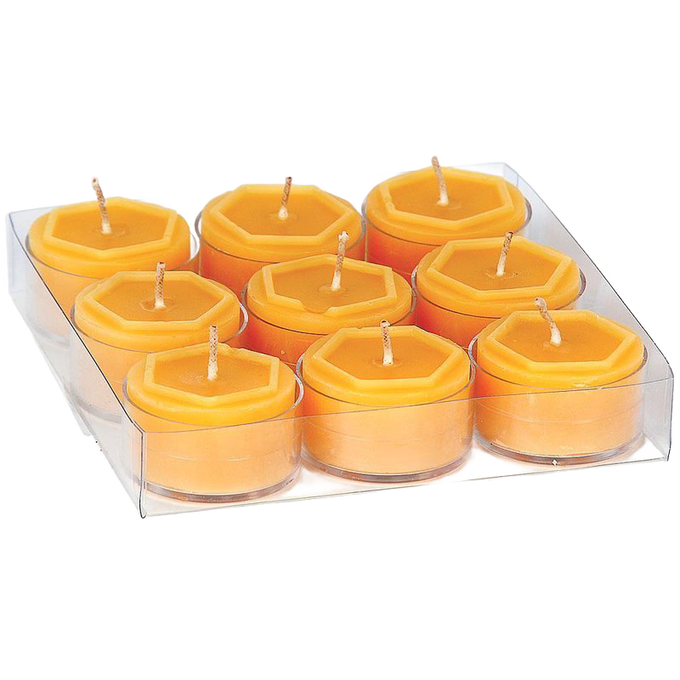 Box of nine handcrafted 100 percent beeswax tealight candles with honey-colored wax and natural cotton wicks, featured in Lamps & Lighting and USA Made collections.