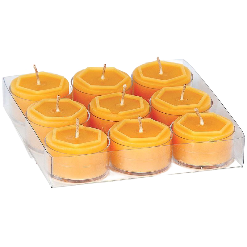 Box of nine handcrafted 100 percent beeswax tealight candles with honey-colored wax and natural cotton wicks, featured in Lamps & Lighting and USA Made collections.
