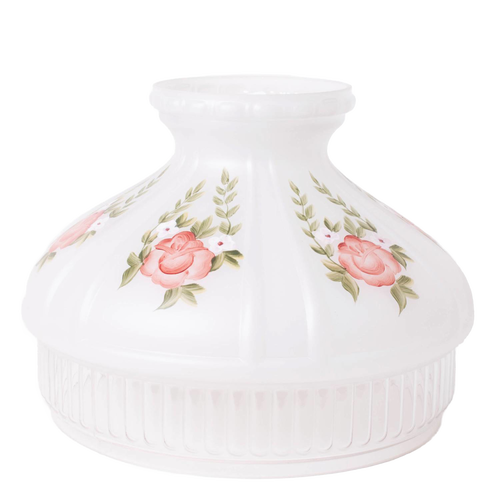 Opaque white glass lamp shade decorated with clusters of red roses and green leaves, designed to soften light from oil lamps, featured in Lamps & Lighting and Parts and Accessories collections.