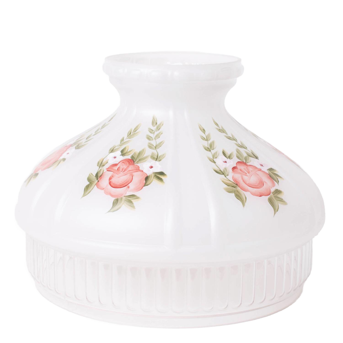 Opaque white glass lamp shade decorated with clusters of red roses and green leaves, designed to soften light from oil lamps, featured in Lamps & Lighting and Parts and Accessories collections.