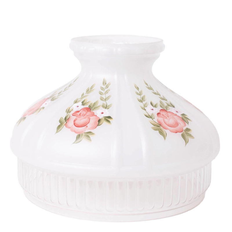 Opaque white glass lamp shade decorated with clusters of red roses and green leaves, designed to soften light from oil lamps, featured in Lamps & Lighting and Parts and Accessories collections.