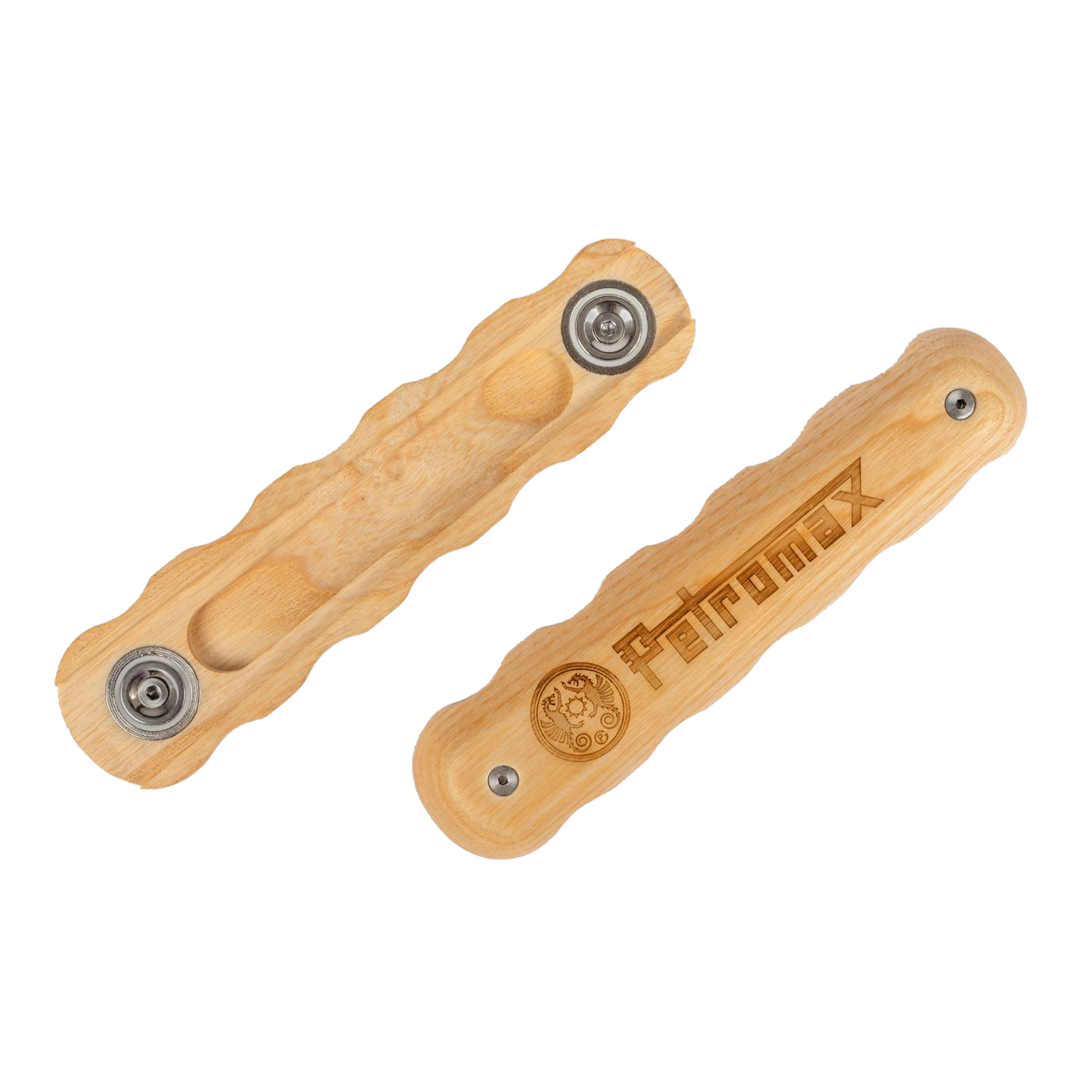 Pair of light wooden handles with ergonomic grooves and metal fittings, engraved with a brand logo, designed for secure attachment to wrought iron cookware, featured in Farm, Garden & Tool, Kitchen & Food, Camping, Cookware, and Pots and Pans collections.