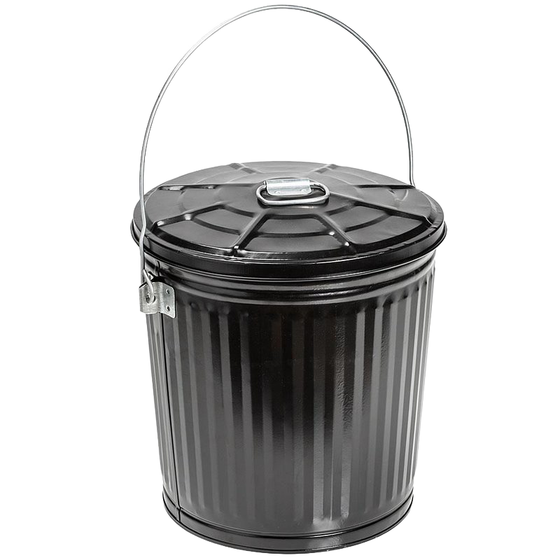 Black painted steel ash pail with a secure lid and sturdy metal bail handle, handmade for long-lasting use in Stoves, Hearth Accessories, Best Sellers, and Promo Eligible selections.