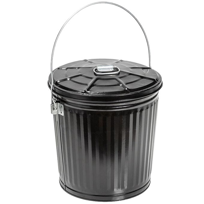 Black painted steel ash pail with a secure lid and sturdy metal bail handle, handmade for long-lasting use in Stoves, Hearth Accessories, Best Sellers, and Promo Eligible selections.