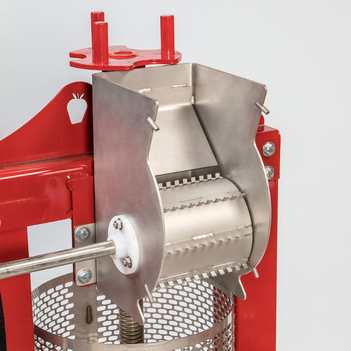 Stainless steel apple grinder with cast iron flywheel and nylon bearings, designed for apple crushing in Farm, Garden & Tool, Apple Harvest Supplies, Orchard and Grove, Fruit Presses, and USA Made collections.
