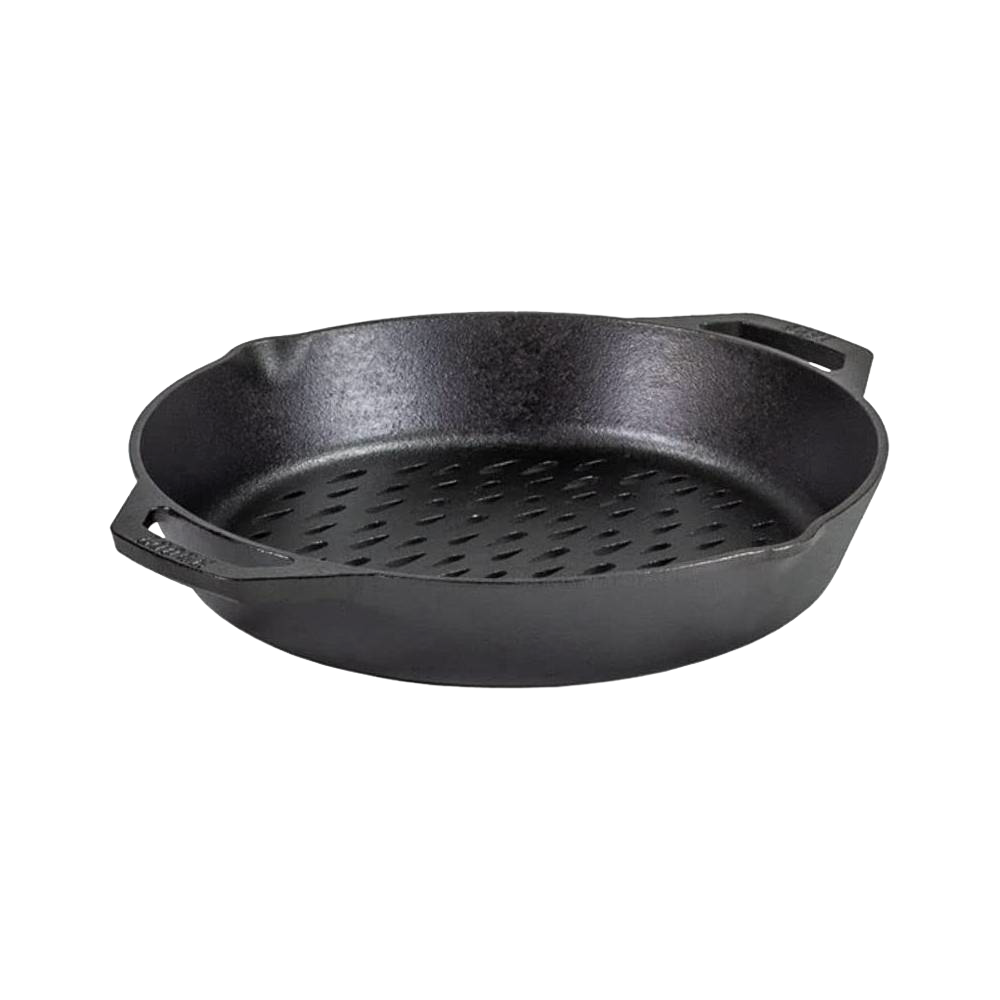 12-inch cast iron grilling basket with dual handles and perforated base for even heat distribution, handcrafted for Kitchen & Food, Cookware, Cast Iron, and Grilling collections.