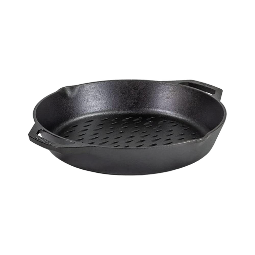 12-inch cast iron grilling basket with dual handles and perforated base for even heat distribution, handcrafted for Kitchen & Food, Cookware, Cast Iron, and Grilling collections.