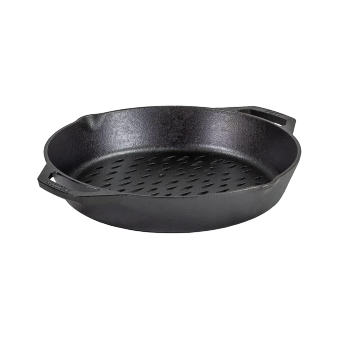 12-inch cast iron grilling basket with dual handles and perforated base for even heat distribution, handcrafted for Kitchen & Food, Cookware, Cast Iron, and Grilling collections.