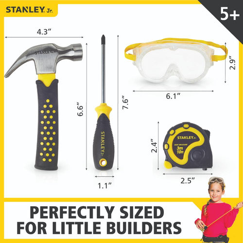 Children’s 5-piece toolset featuring a steel hammer, Phillips screwdriver, safety goggles, flat screwdriver, and 10-foot tape measure with yellow and black rubber grips, ideal for indoor play and hand tool collections in farm, garden, and toy sets.