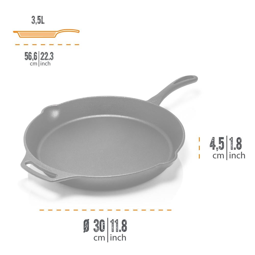 Cast iron skillet with long handle and helper grip, 3.5L capacity and 30 cm diameter, ideal for cooking in Farm, Garden & Tool, Kitchen & Food, Camping, Cookware, Cast Iron, Best Sellers, and Promo Eligible collections.