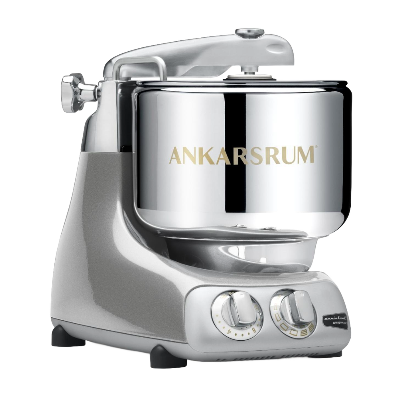 Handcrafted silver Ankarsrum Assistent Original stand mixer with polished stainless steel bowl and dual control dials, designed for Kitchen & Food, Baking Supplies, and Bread Making collections.