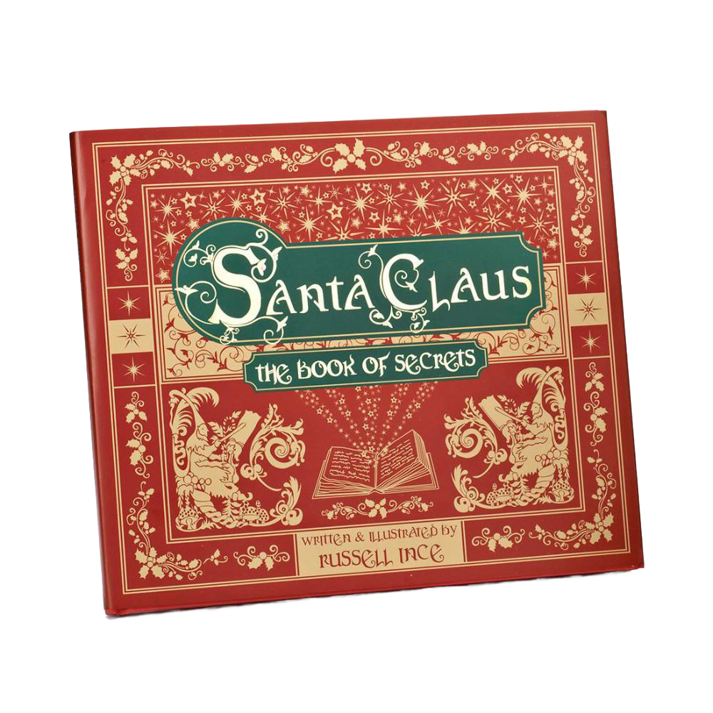 Hardcover book with ornate red and gold cover titled "Santa Claus the Book of Secrets," featuring whimsical vintage illustrations, ideal for holiday decor and children's book collections.