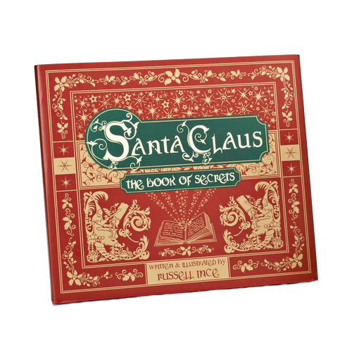 Hardcover book with ornate red and gold cover titled "Santa Claus the Book of Secrets," featuring whimsical vintage illustrations, ideal for holiday decor and children's book collections.