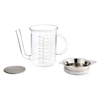 Clear borosilicate glass liquid measuring cup with handle and long spout, accompanied by a stainless steel fine mesh strainer and lid, featured in Kitchen & Food, Food Prep, and Measuring collections.