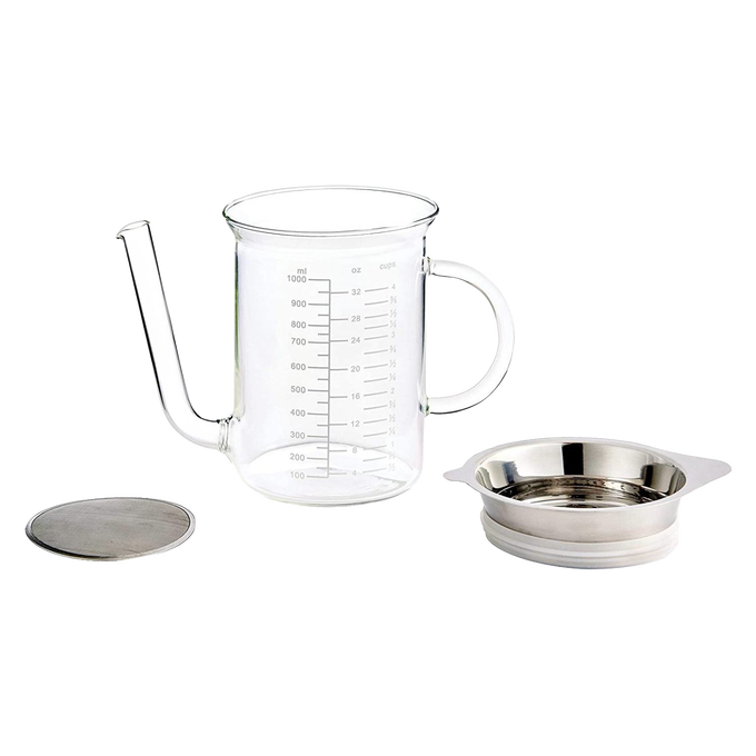 Clear borosilicate glass liquid measuring cup with handle and long spout, accompanied by a stainless steel fine mesh strainer and lid, featured in Kitchen & Food, Food Prep, and Measuring collections.