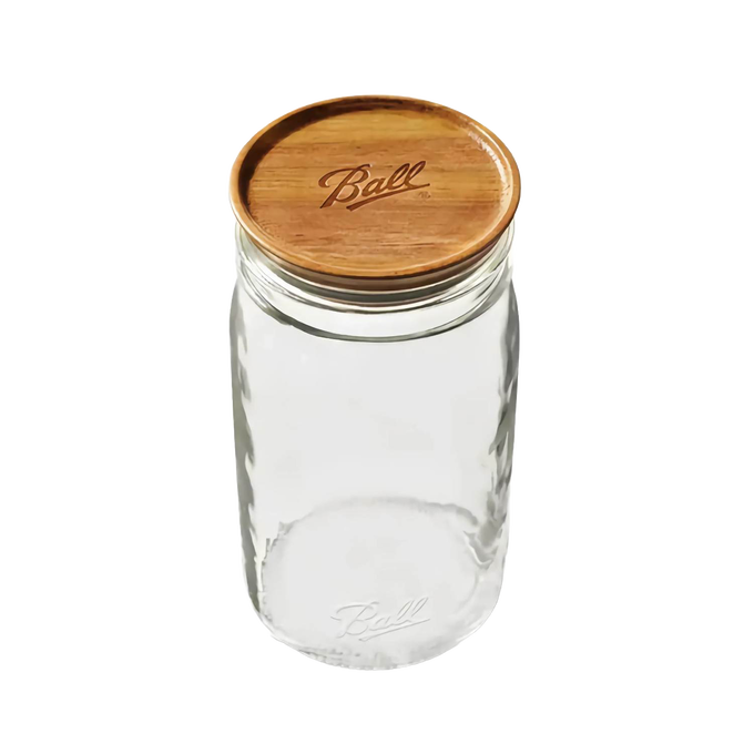 Handcrafted acacia wood lid with Ball logo fitting wide mouth jar, providing an airtight seal ideal for Kitchen & Food, Storage and Serving, Best Sellers, and Promo Eligible collections.