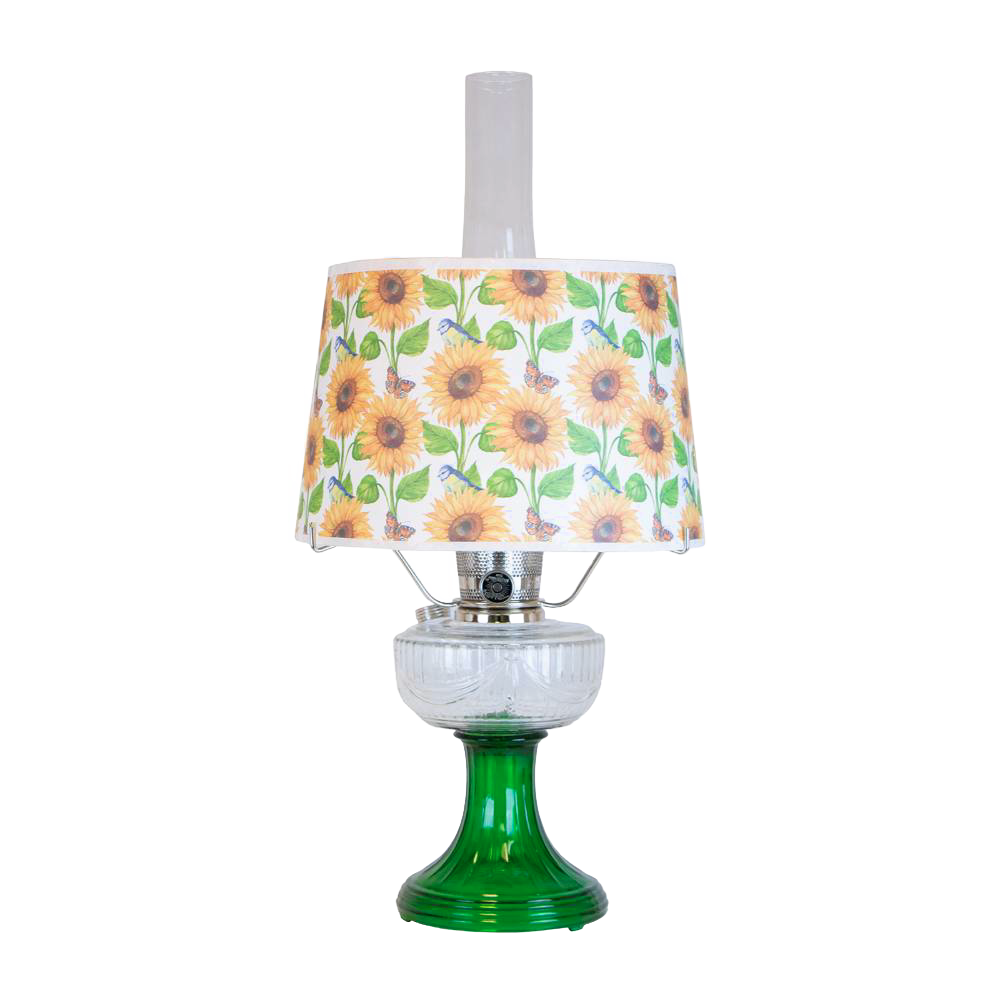 Handcrafted Aladdin oil lamp with Ohio-made emerald glass base and Dennis Lipp shatterproof sunflower shade, ideal for Farm, Garden & Tool, Lamps & Lighting, Emergency Supplies collections.