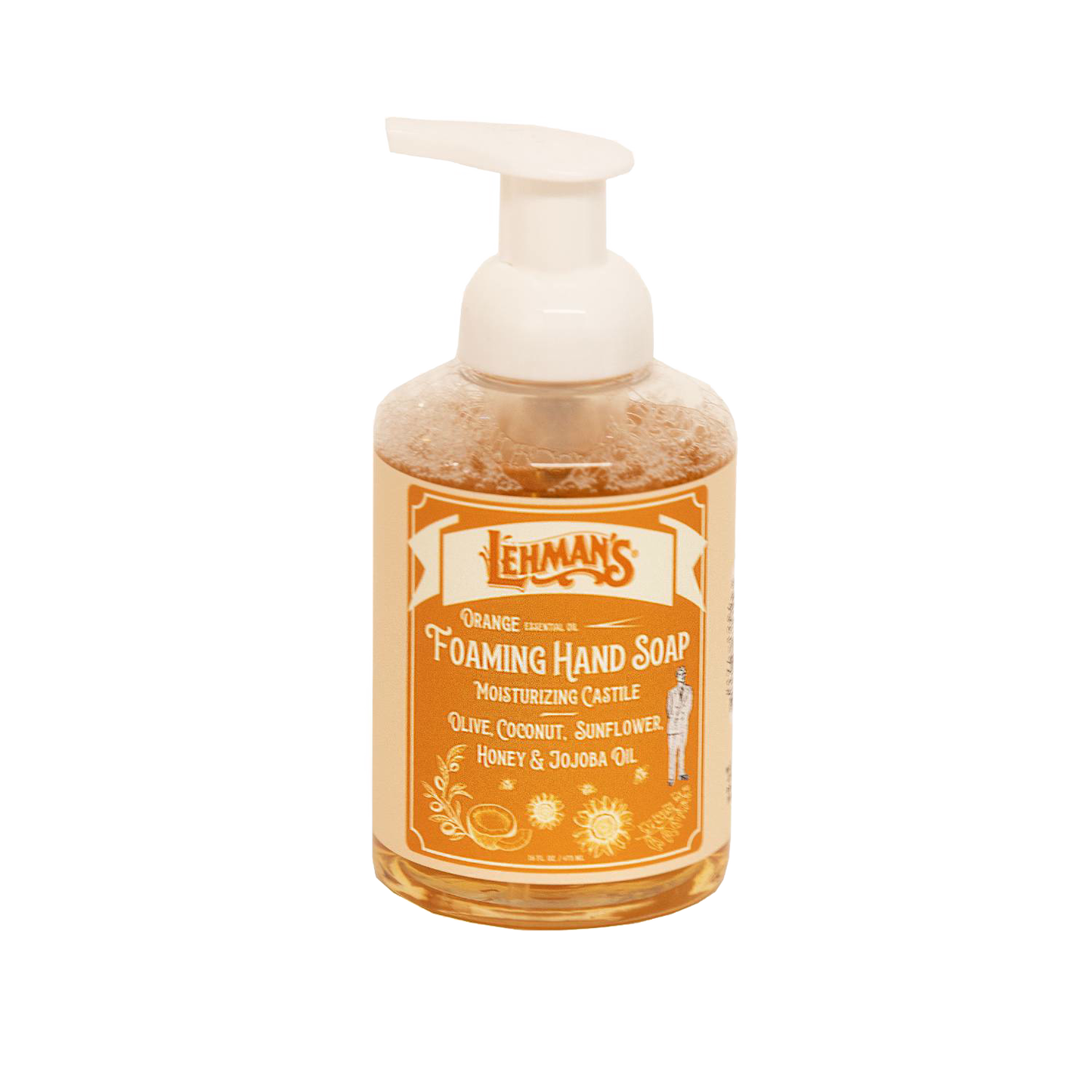 Handcrafted foaming hand soap in clear bottle with white pump featuring natural moisturizing oils like olive, coconut, sunflower, honey, and jojoba, made in USA, ideal for Health & Wellness and Grooming collections.