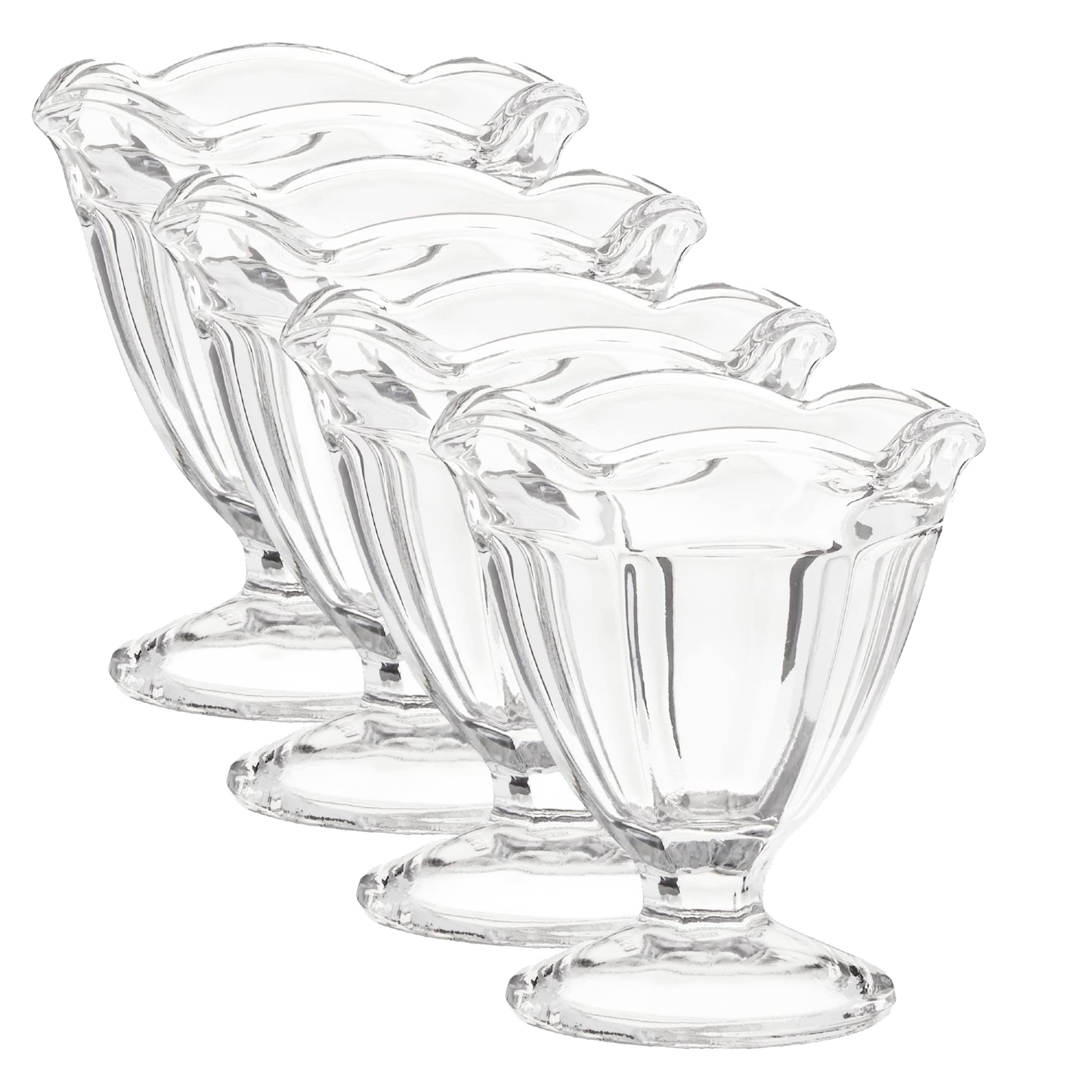 Set of four handcrafted clear glass footed bowls with scalloped edged rims, ideal for serving sherbet, ice cream, or desserts, featured in Kitchen & Food, Dinnerware, and USA Made collections.