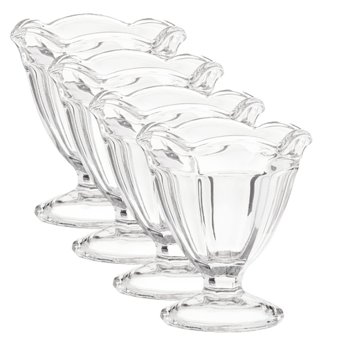 Set of four handcrafted clear glass footed bowls with scalloped edged rims, ideal for serving sherbet, ice cream, or desserts, featured in Kitchen & Food, Dinnerware, and USA Made collections.