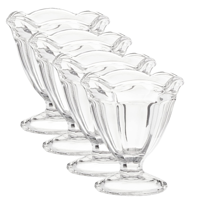 Set of four handcrafted clear glass footed bowls with scalloped edged rims, ideal for serving sherbet, ice cream, or desserts, featured in Kitchen & Food, Dinnerware, and USA Made collections.