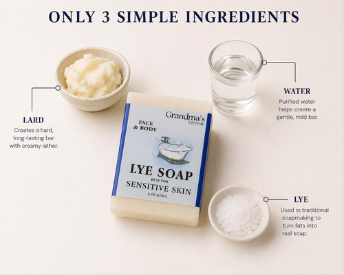 Handcrafted bar soap highlighting three simple ingredients—lard, purified water, and lye—made in USA, ideal for sensitive skin and featured in Health & Wellness and Soaps collections.