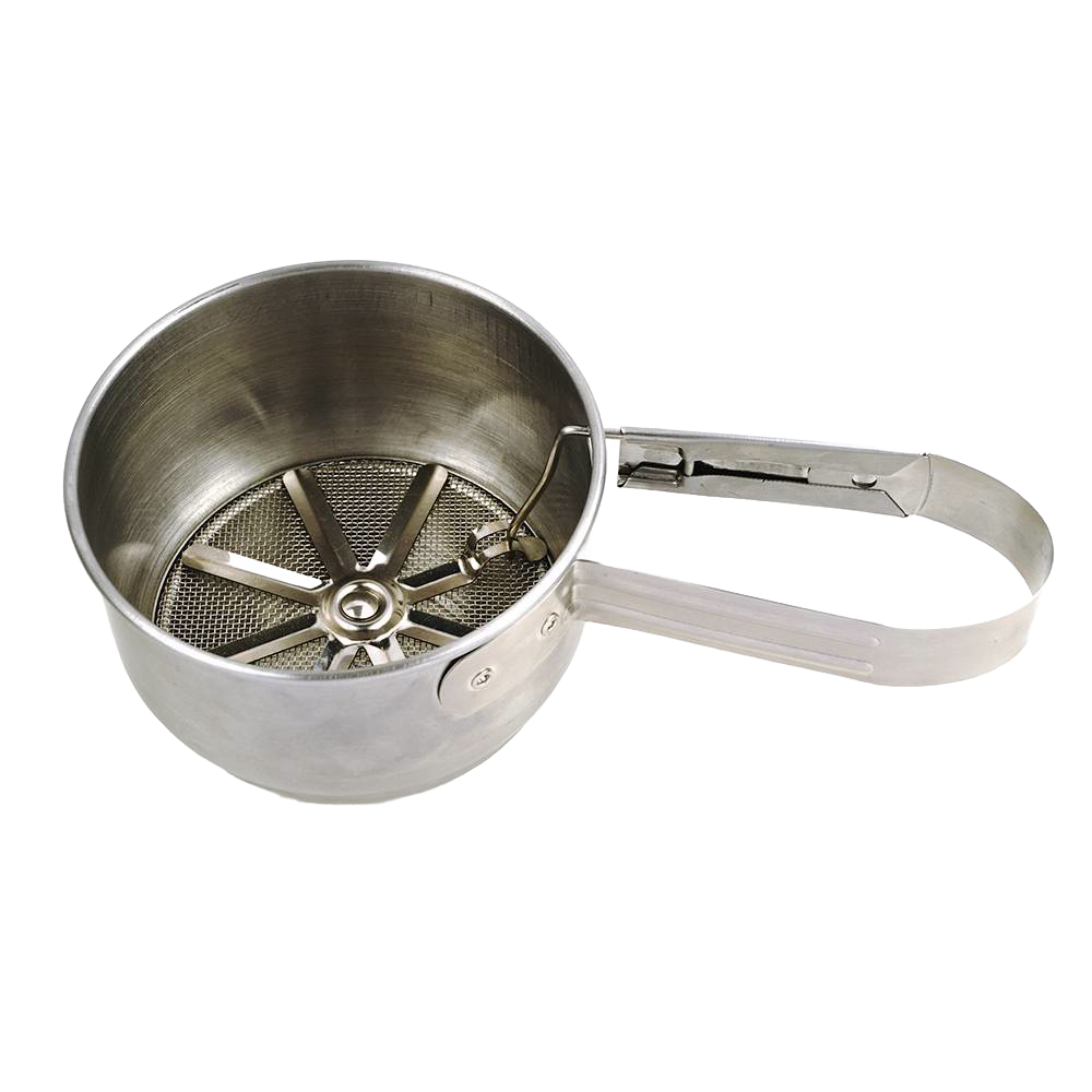 Stainless steel vintage-style flour sifter with easy one-handed operation, dishwasher safe, designed for Kitchen & Food, Bakeware, and Cooking Helpers collections.