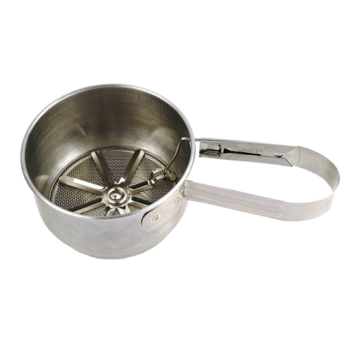 Stainless steel vintage-style flour sifter with easy one-handed operation, dishwasher safe, designed for Kitchen & Food, Bakeware, and Cooking Helpers collections.