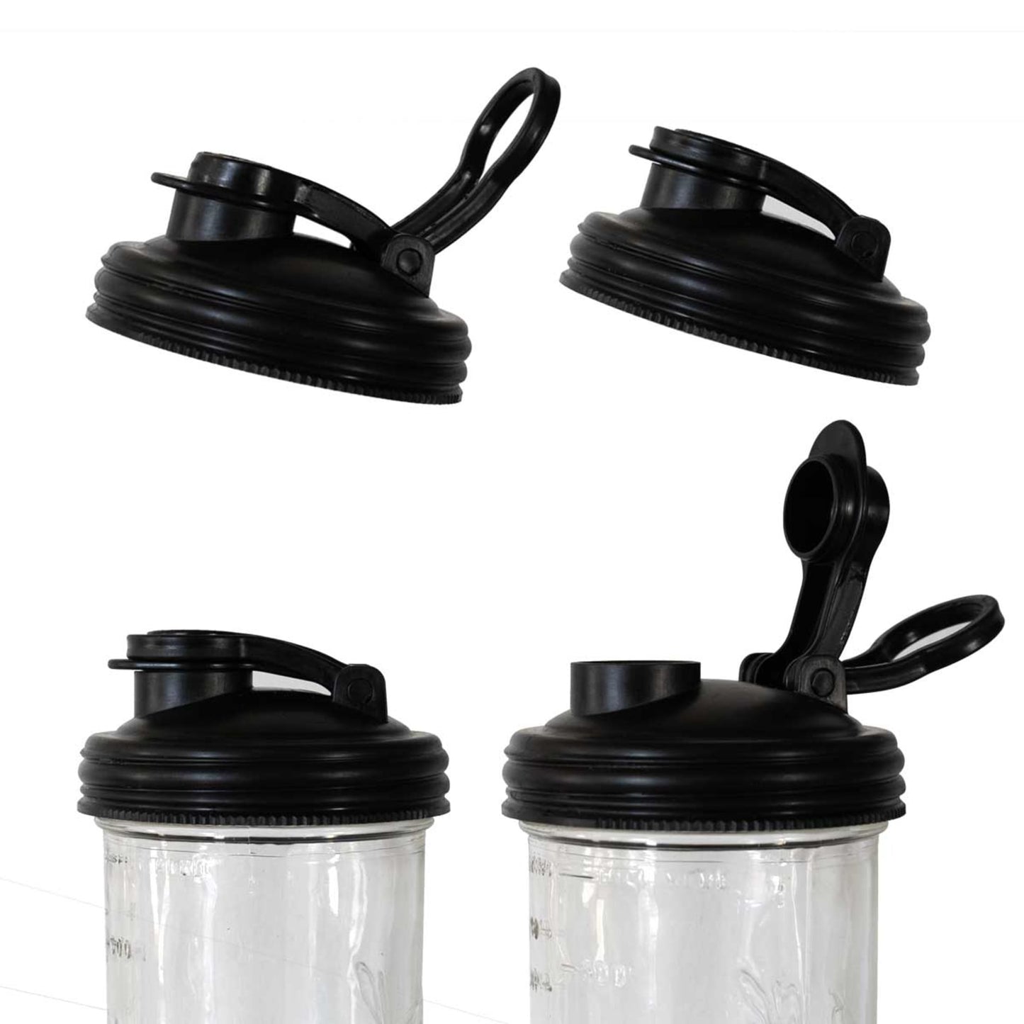 Set of black wide-mouth mason jar pour lids with flip-top spouts and carry loops, made from durable no-break plastic, handcrafted in USA, featured in Kitchen Gadgets, Kitchen Accessories, and Best Sellers collections.