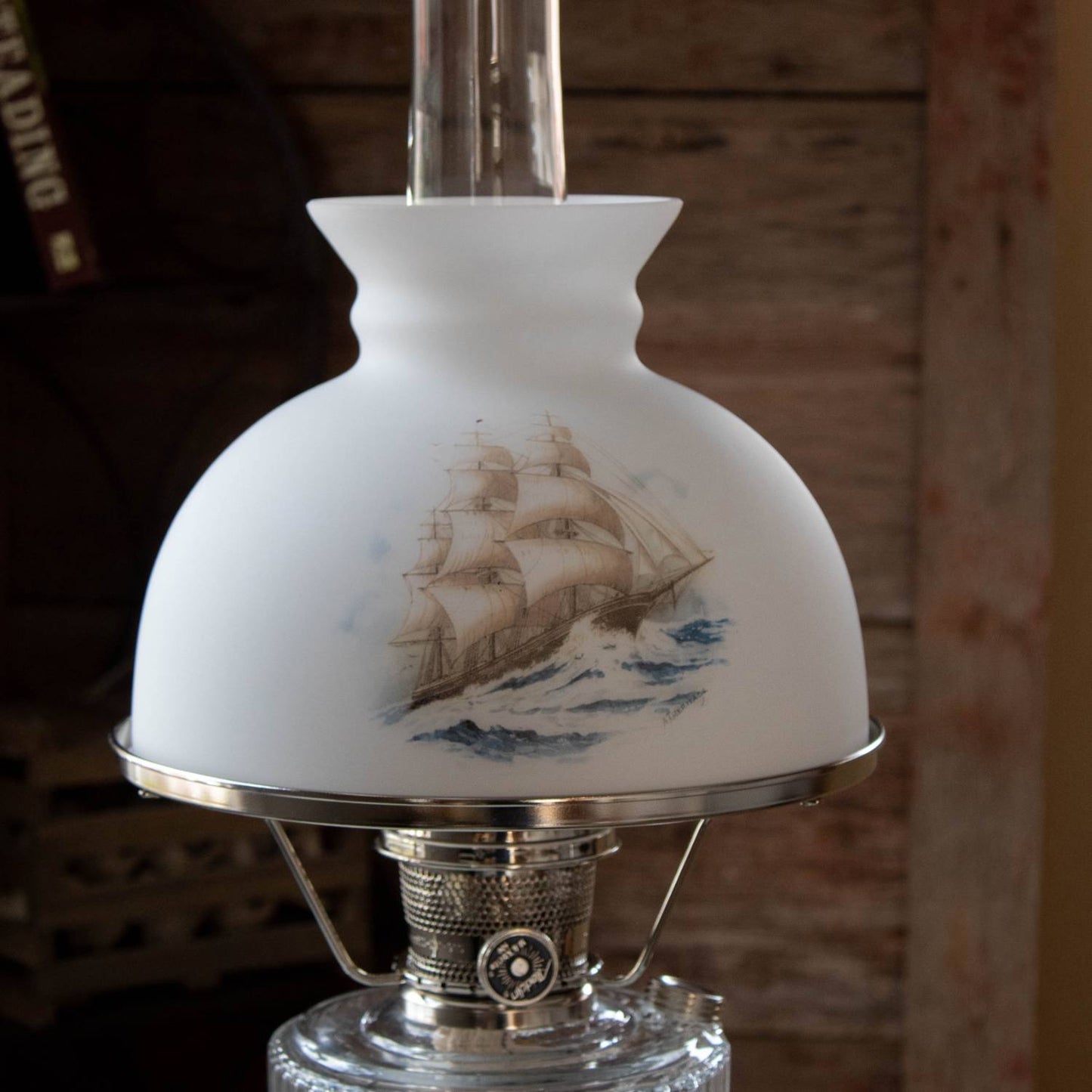 Handcrafted glass oil lamp shade with a detailed sailing ship design on frosted white glass, fitting Aladdin 10" shade rings, for Lamps & Lighting, Parts and Accessories, Lamp Shades, Best Sellers, and Promo Eligible collections.