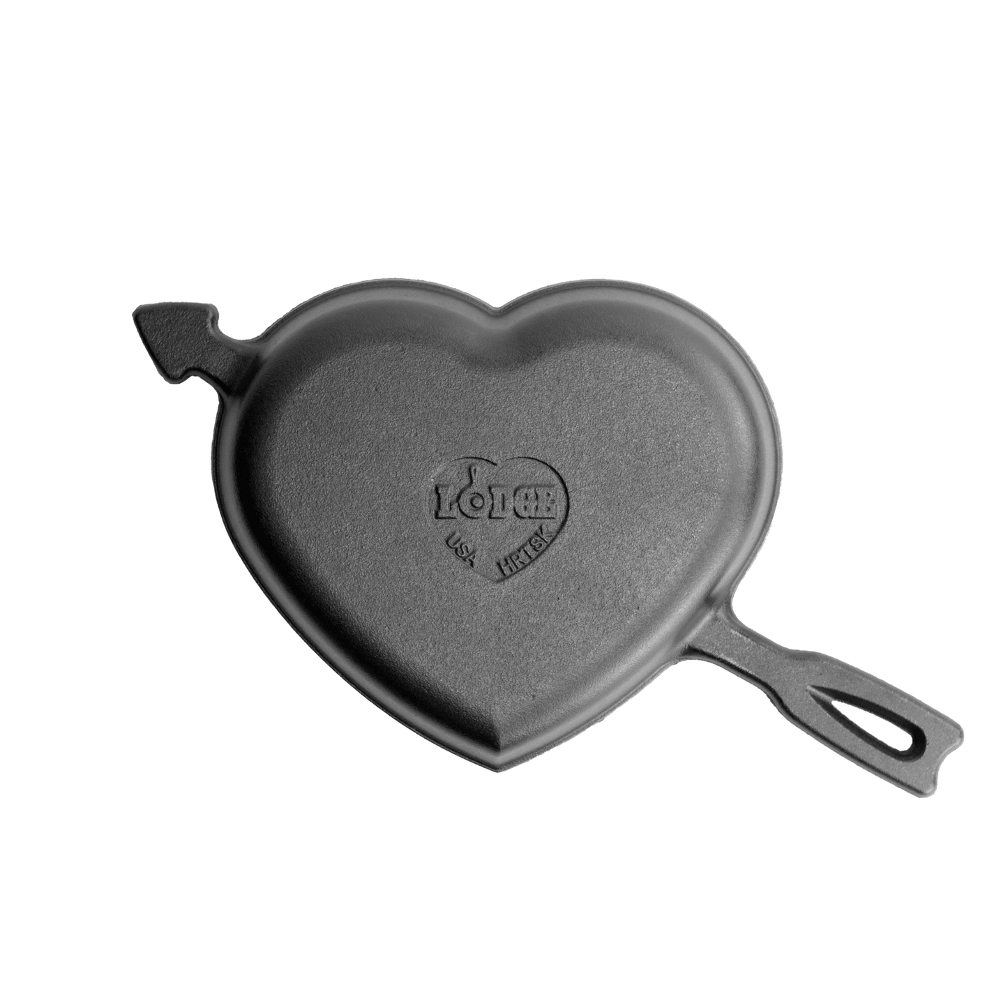 Handcrafted cast iron skillet in a heart shape with arrow handle, made in USA, perfect for baking and cooking unique meals, featured in Kitchen & Food, Cookware, Cast Iron collections.