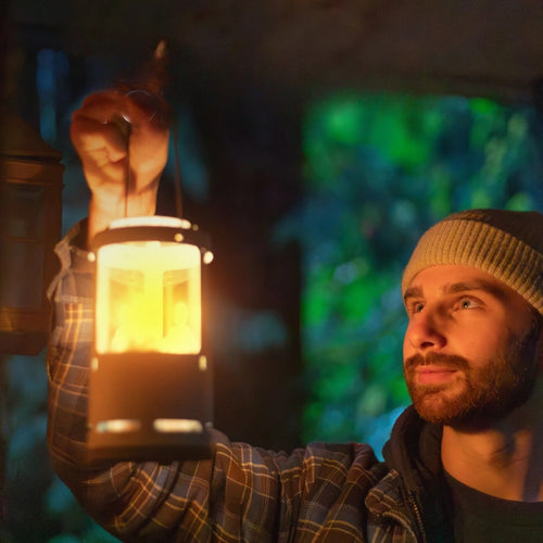 Bearded man wearing a knit cap lighting a rugged handcrafted candle lantern with three candles, glowing warmly in a rustic indoor setting, ideal for camping or emergencies.