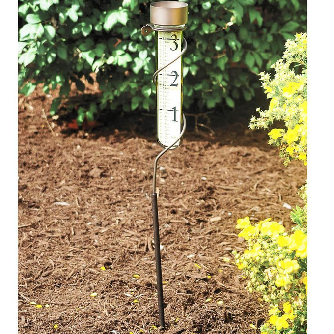 Anodized aluminum spiral rain gauge with bronze patina finish, featuring large magnified numbers on the glass vial, ideal for outdoor use in Farm, Garden & Tool and Garden Accessories collections.