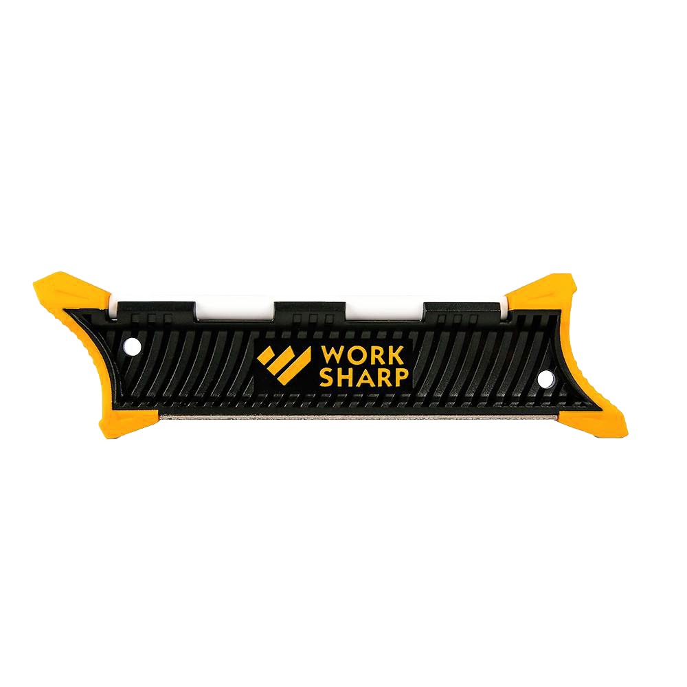 Compact Work Sharp pocket knife sharpener with black body and bright yellow corner grips, designed for fast, portable blade sharpening in Farm, Garden & Tool and Knives & Axes collections.