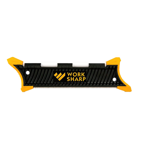 Compact Work Sharp pocket knife sharpener with black body and bright yellow corner grips, designed for fast, portable blade sharpening in Farm, Garden & Tool and Knives & Axes collections.