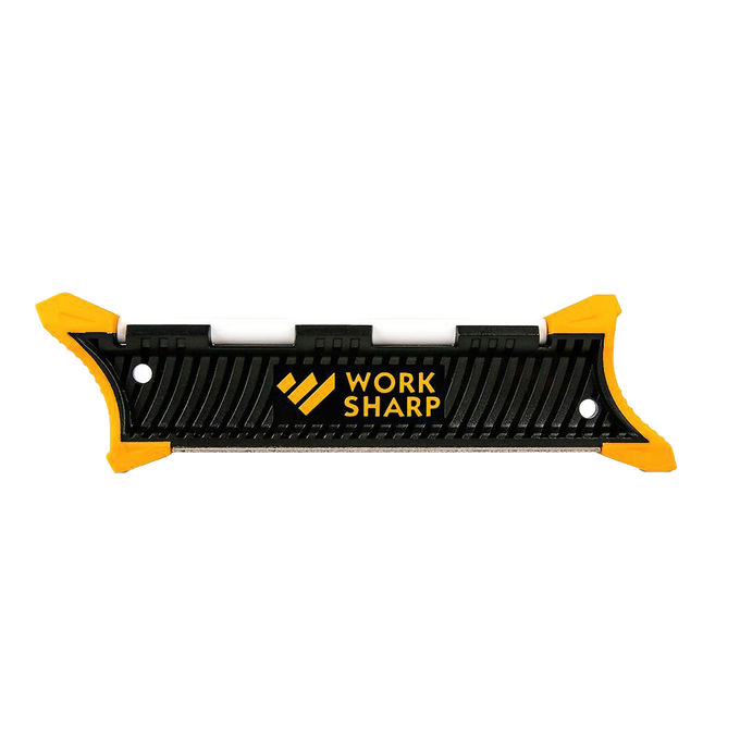 Compact Work Sharp pocket knife sharpener with black body and bright yellow corner grips, designed for fast, portable blade sharpening in Farm, Garden & Tool and Knives & Axes collections.