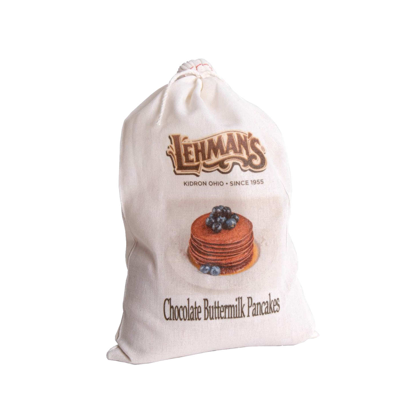 Handcrafted natural fabric drawstring bag of Lehman’s chocolate buttermilk pancake mix featuring an illustration of a stack of pancakes with blueberries, ideal for Kitchen & Food, Pantry, Dry Goods and Mixes, Best Sellers, and Promo Eligible collections.