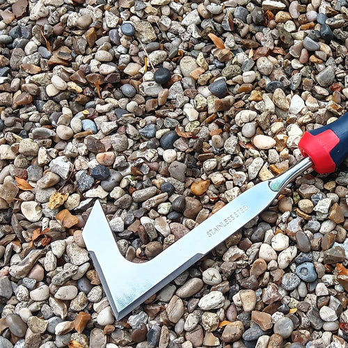 Slim stainless steel patio knife with bi-material contoured handle and tanged design for knuckle clearance, ideal for clearing moss from pavers, featured in Farm, Garden & Tool, Garden Accessories, Lawncare, and Best Sellers collections.