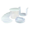 Plastic burger press and storage set featuring multiple discs, a storage container with lid, and a quick release insert, ideal for prepping burgers ahead in Farm, Garden & Tool, Camping, and Grilling collections.