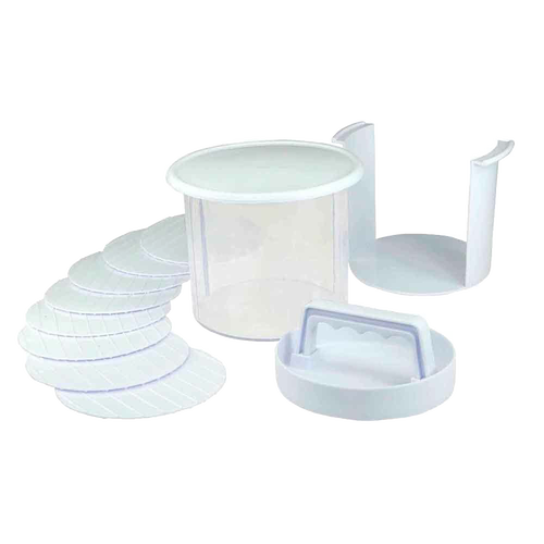 Plastic burger press and storage set featuring multiple discs, a storage container with lid, and a quick release insert, ideal for prepping burgers ahead in Farm, Garden & Tool, Camping, and Grilling collections.