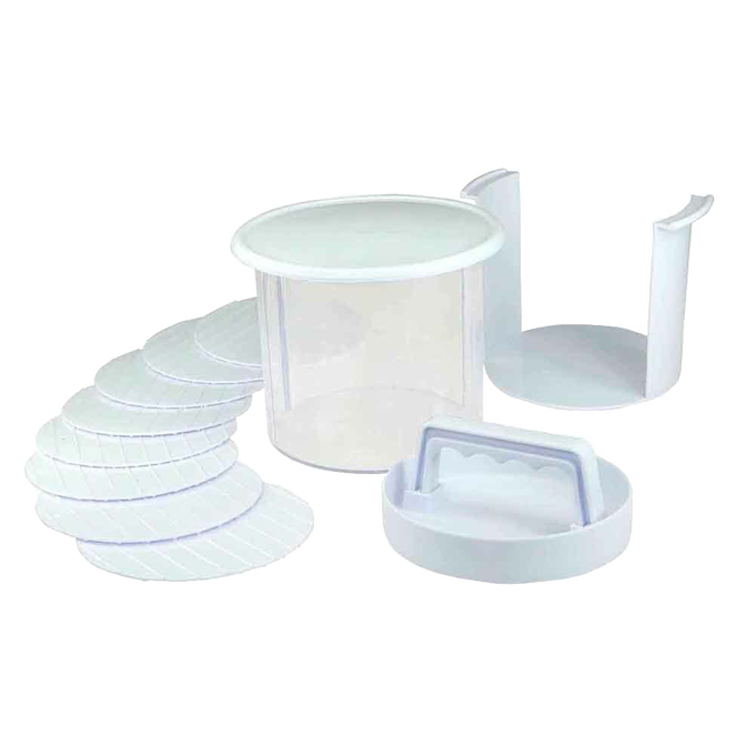 Plastic burger press and storage set featuring multiple discs, a storage container with lid, and a quick release insert, ideal for prepping burgers ahead in Farm, Garden & Tool, Camping, and Grilling collections.