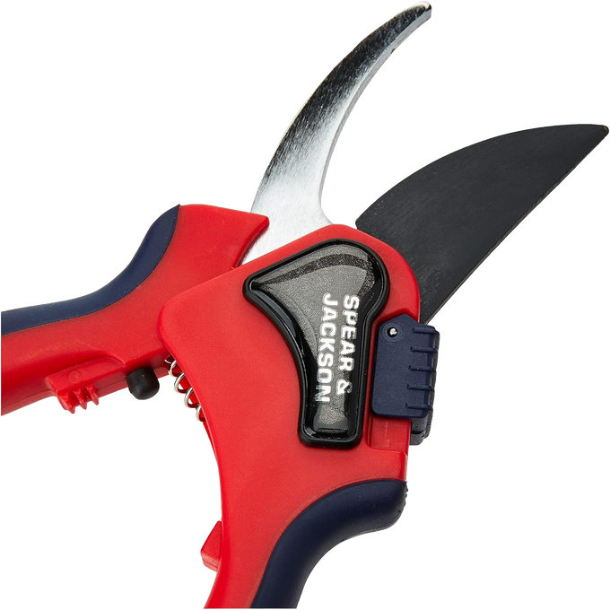Large bypass pruning shears with ergonomic red and blue handles, sharp curved carbon steel blades, and a locking mechanism, ideal for Farm, Garden & Tool and Lawncare collections.