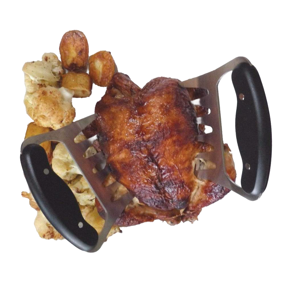 Set of two stainless steel meat shredding claws with black ergonomic handles holding a cooked smoked meat, ideal for easy pulled pork preparation in Kitchen & Food and Kitchen Gadgets collections.