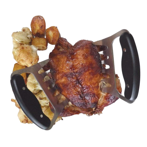 Set of two stainless steel meat shredding claws with black ergonomic handles holding a cooked smoked meat, ideal for easy pulled pork preparation in Kitchen & Food and Kitchen Gadgets collections.