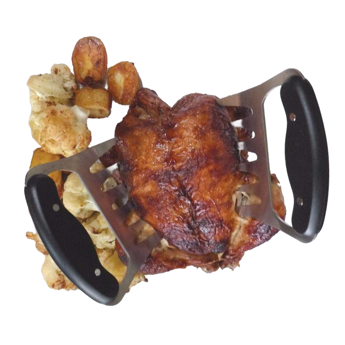 Set of two stainless steel meat shredding claws with black ergonomic handles holding a cooked smoked meat, ideal for easy pulled pork preparation in Kitchen & Food and Kitchen Gadgets collections.