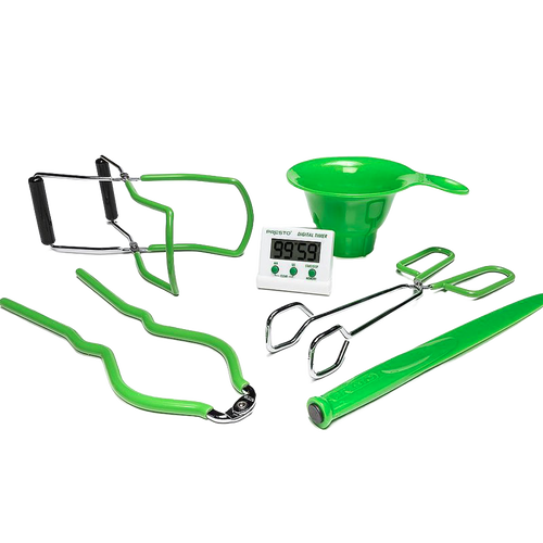 Set of six sturdy canning tools with green vinyl handles including funnel, jar lifter, kitchen tongs, jar wrench, and digital timer, designed for Kitchen & Food and Food Preservation collections.