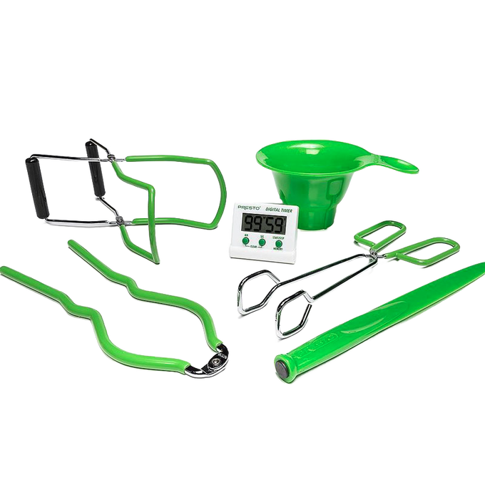 Set of six sturdy canning tools with green vinyl handles including funnel, jar lifter, kitchen tongs, jar wrench, and digital timer, designed for Kitchen & Food and Food Preservation collections.