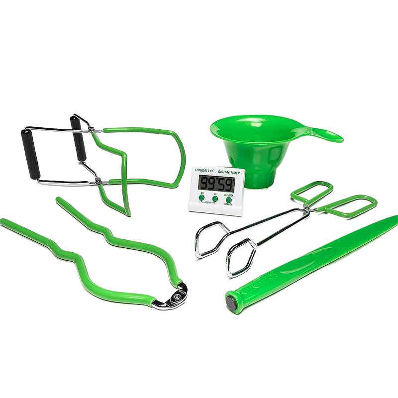 Set of six sturdy canning tools with green vinyl handles including funnel, jar lifter, kitchen tongs, jar wrench, and digital timer, designed for Kitchen & Food and Food Preservation collections.