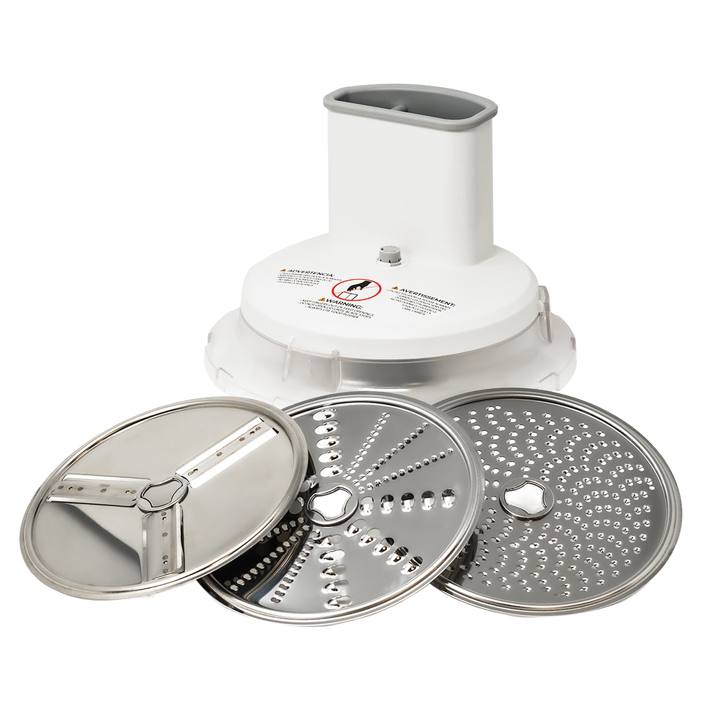 Set of slicer and shredder discs with a white plastic attachment base designed for use with Bosch and NutriMill mixers, crafted in the USA for the Kitchen & Food, Choppers and Cutters, and Cooking and Baking Helpers collections.