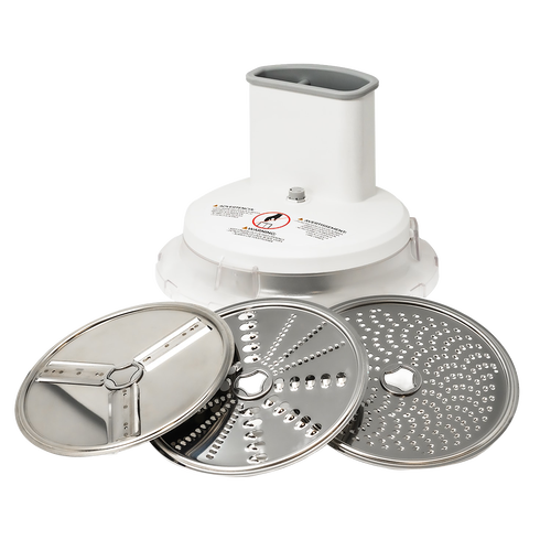 Set of slicer and shredder discs with a white plastic attachment base designed for use with Bosch and NutriMill mixers, crafted in the USA for the Kitchen & Food, Choppers and Cutters, and Cooking and Baking Helpers collections.
